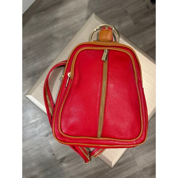 Valentina Red & Gold Leather Backpack Purse - Picture 2 of 12